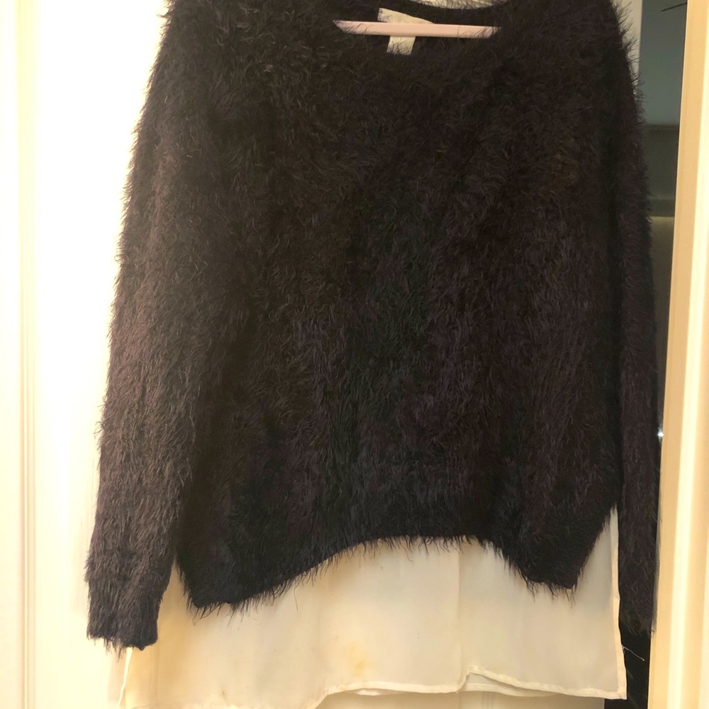 Design History Long Sleeve Mixed Media Black & Cream Furry Sweater